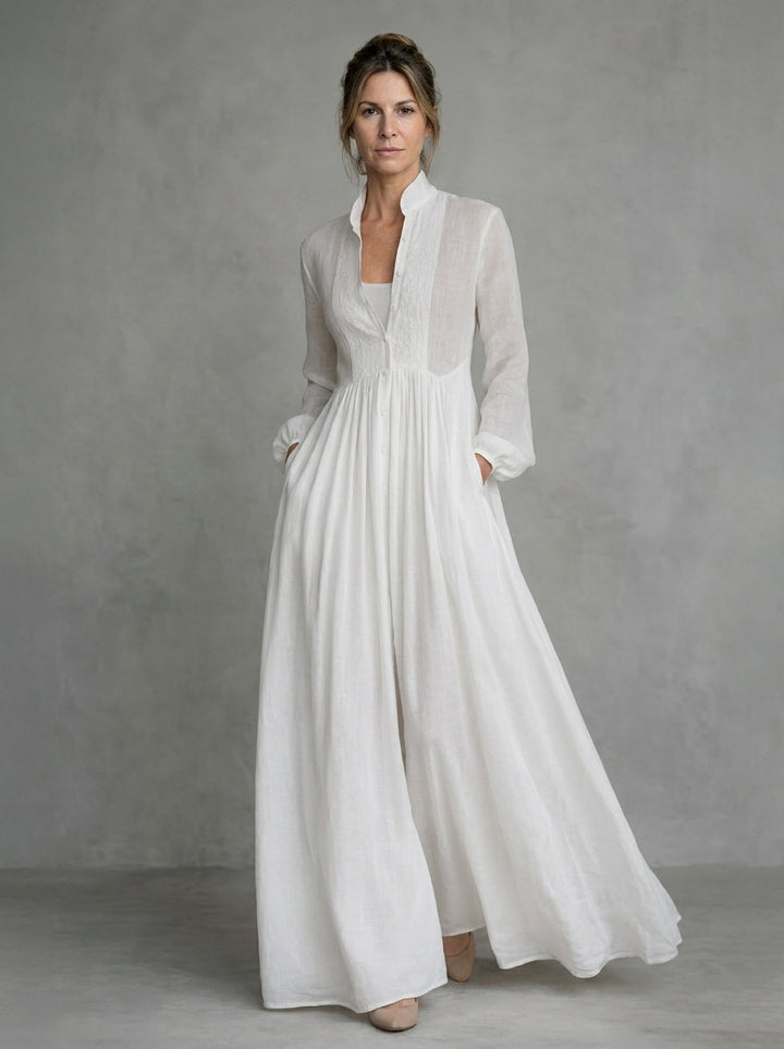 Alba Montiel™ | Vestido minimalista de algodón y lino con patchwork, cuello alto y mangas largas
