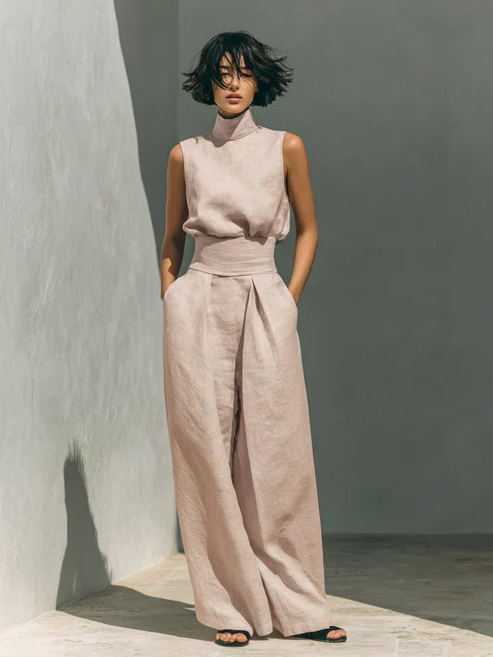 Flor | Conjunto minimalista de blusa sin mangas y pantalón de pernera ancha en algodón y lino para mujer