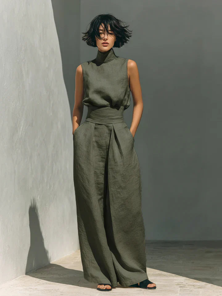 Flor | Conjunto minimalista de blusa sin mangas y pantalón de pernera ancha en algodón y lino para mujer