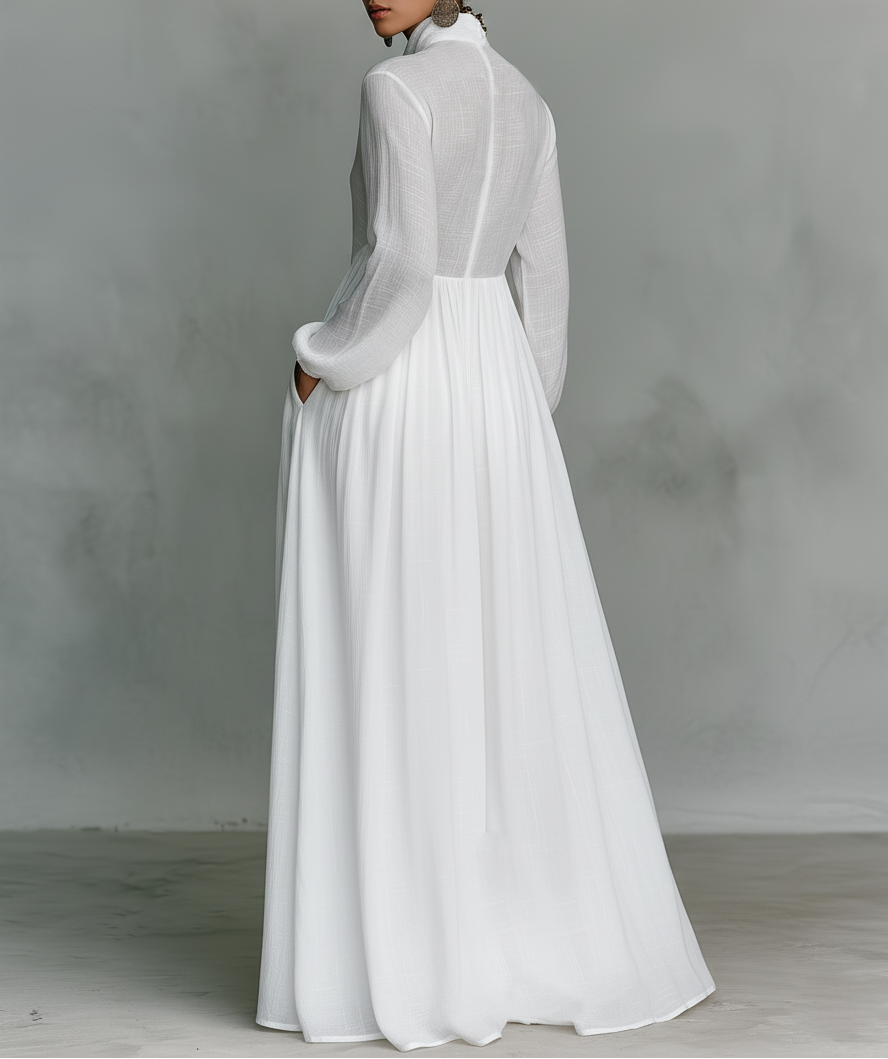 Alba Montiel™ | Vestido minimalista de algodón y lino con patchwork, cuello alto y mangas largas