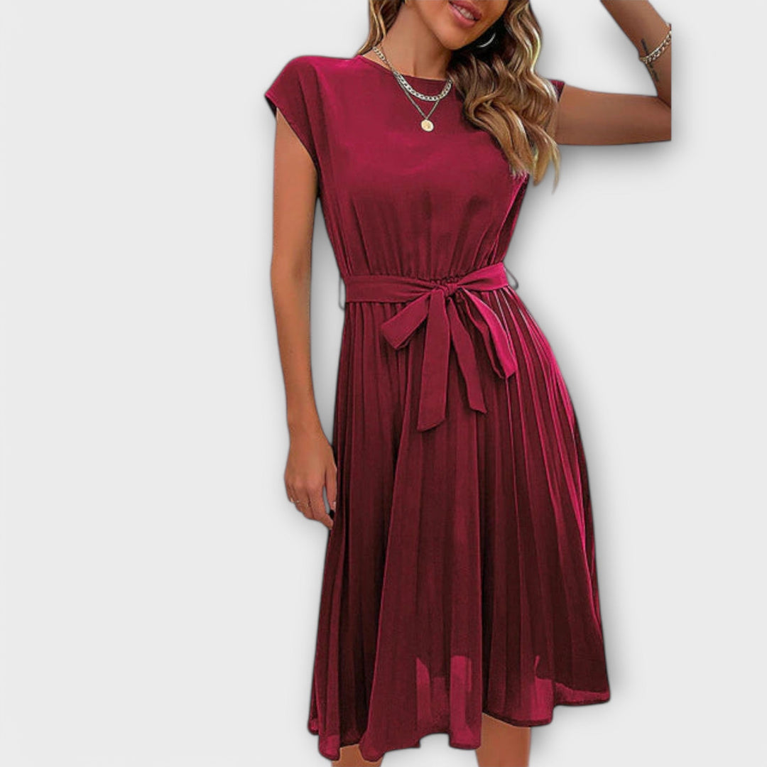 Claire - Vestido midi casual de manga corta plisado