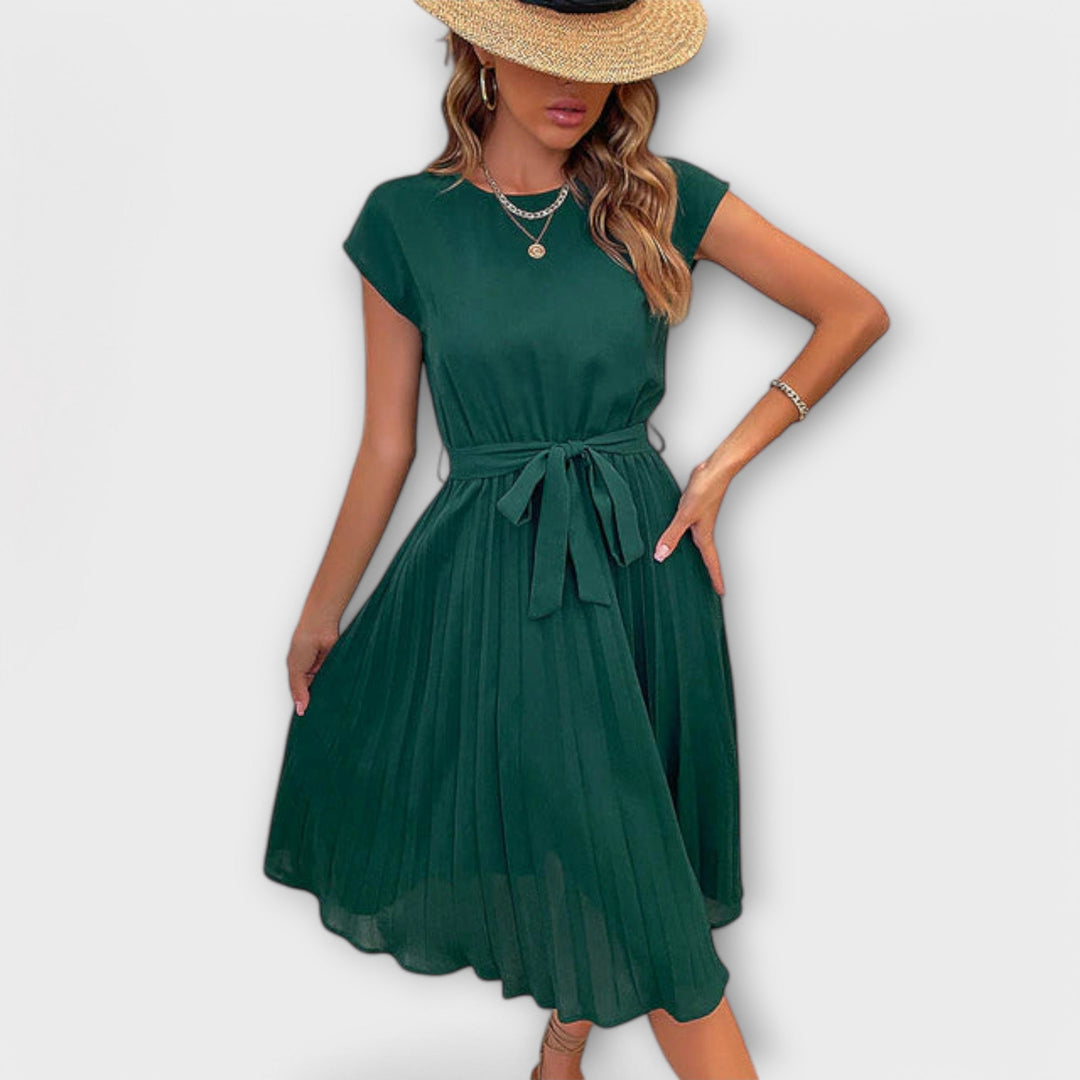 Claire - Vestido midi casual de manga corta plisado