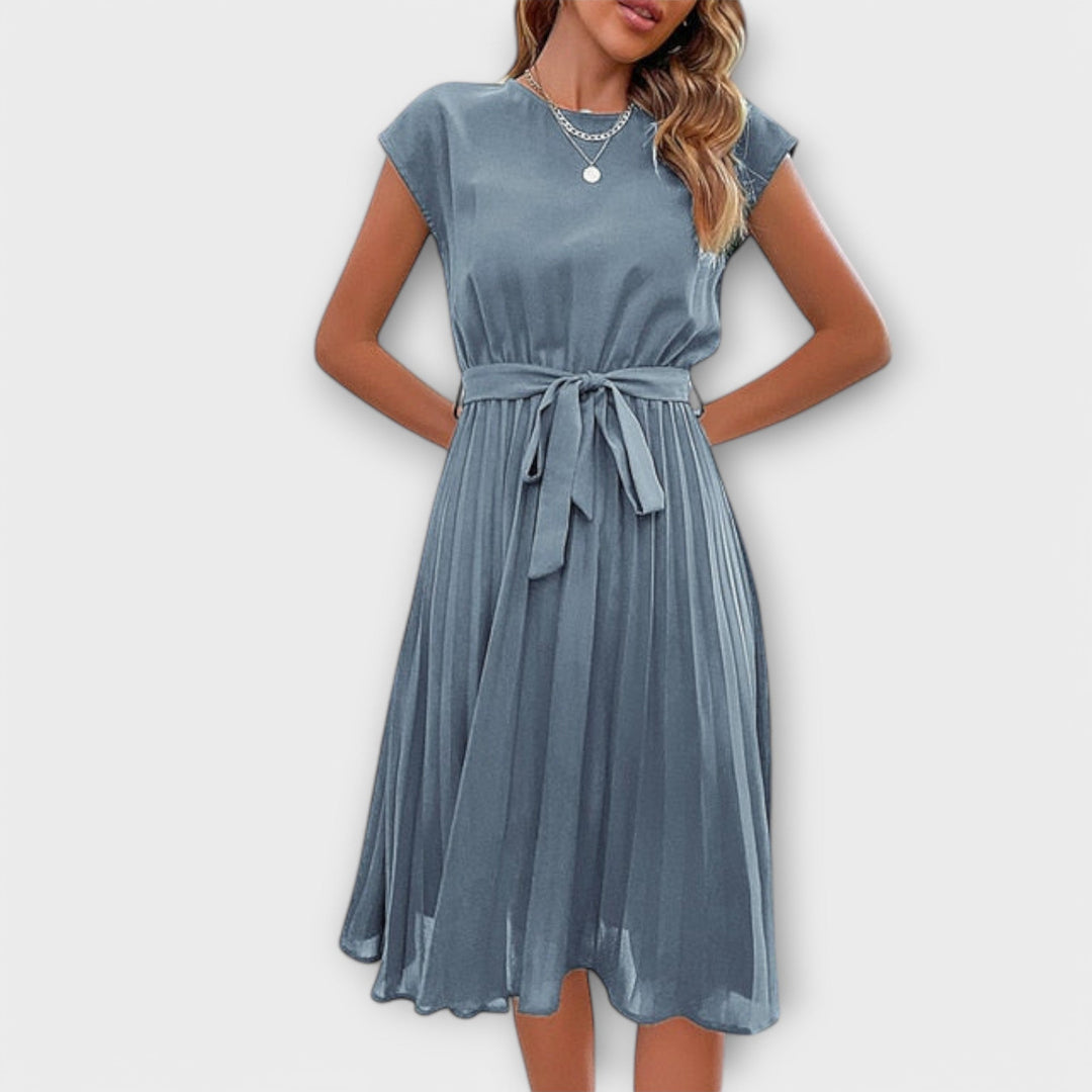 Claire - Vestido midi casual de manga corta plisado