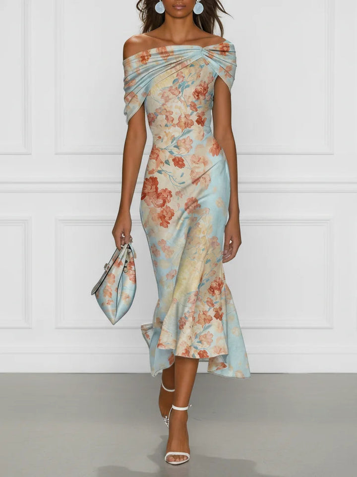 Vittoria | Vestido Midi Sirena Sin Mangas con Hombros Descubiertos y Estampado Floral Azul