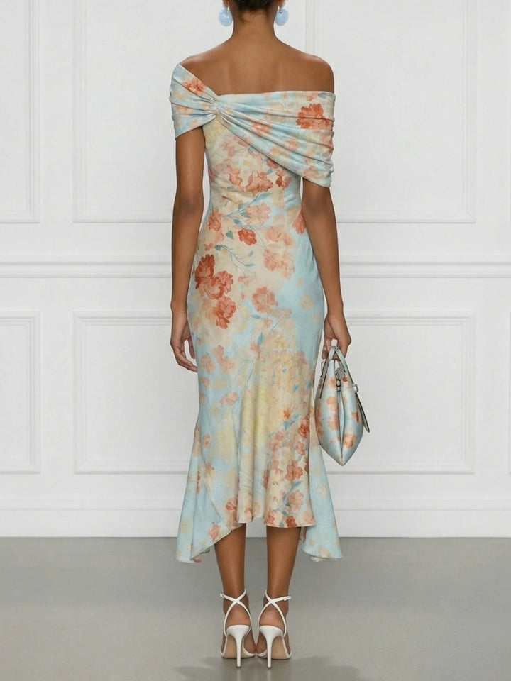 Vittoria | Vestido Midi Sirena Sin Mangas con Hombros Descubiertos y Estampado Floral Azul