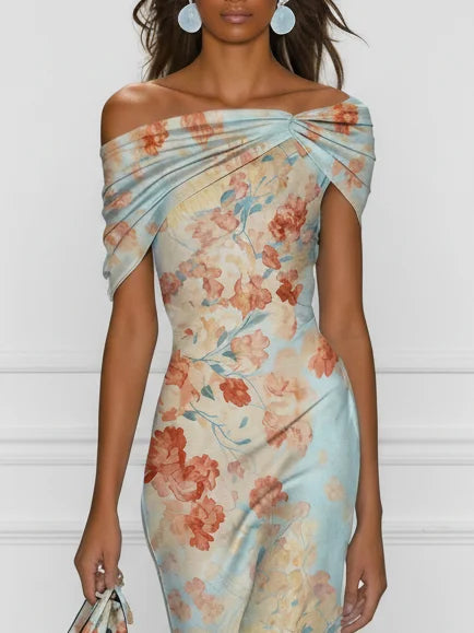 Vittoria | Vestido Midi Sirena Sin Mangas con Hombros Descubiertos y Estampado Floral Azul
