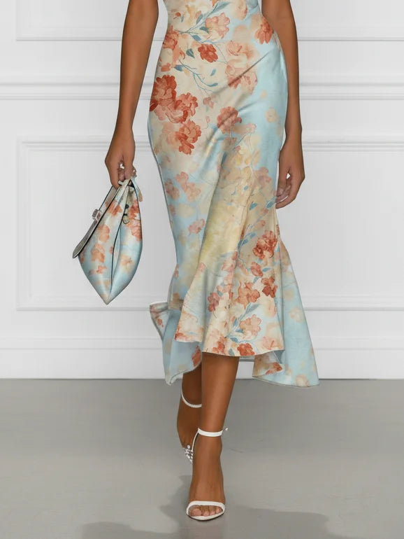 Vittoria | Vestido Midi Sirena Sin Mangas con Hombros Descubiertos y Estampado Floral Azul