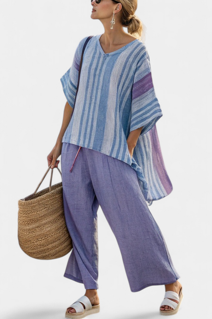 Carlotta – Top elegante en lavanda y azul cielo con pantalón de lino