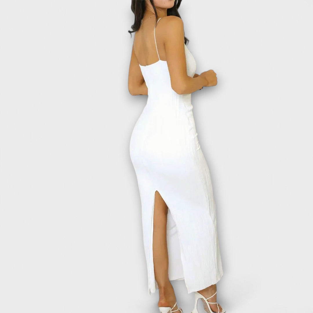 Vestido maxi sin mangas elegante con fruncidos
