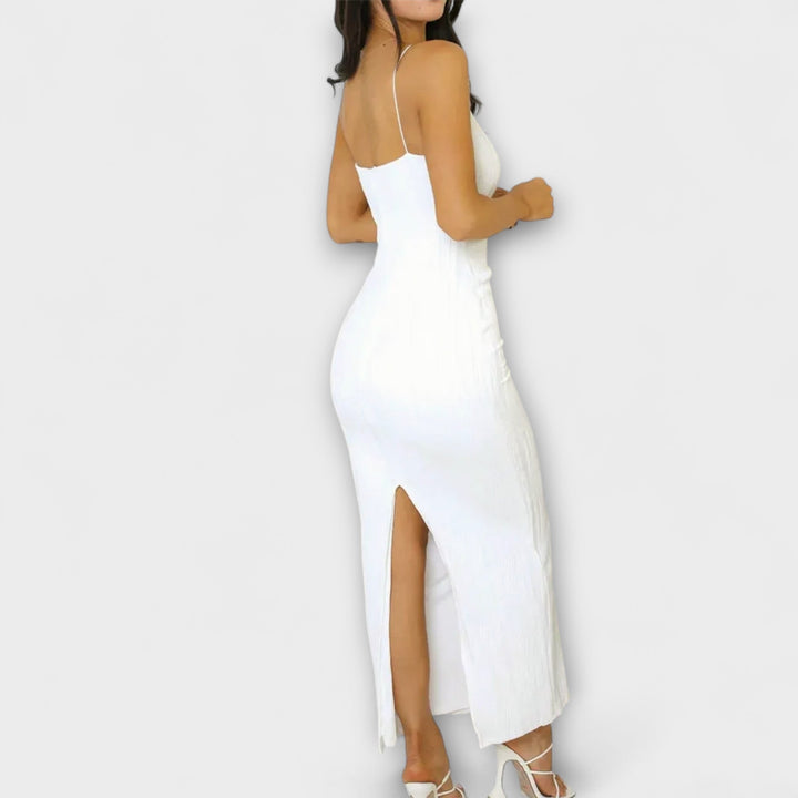 Vestido maxi sin mangas elegante con fruncidos