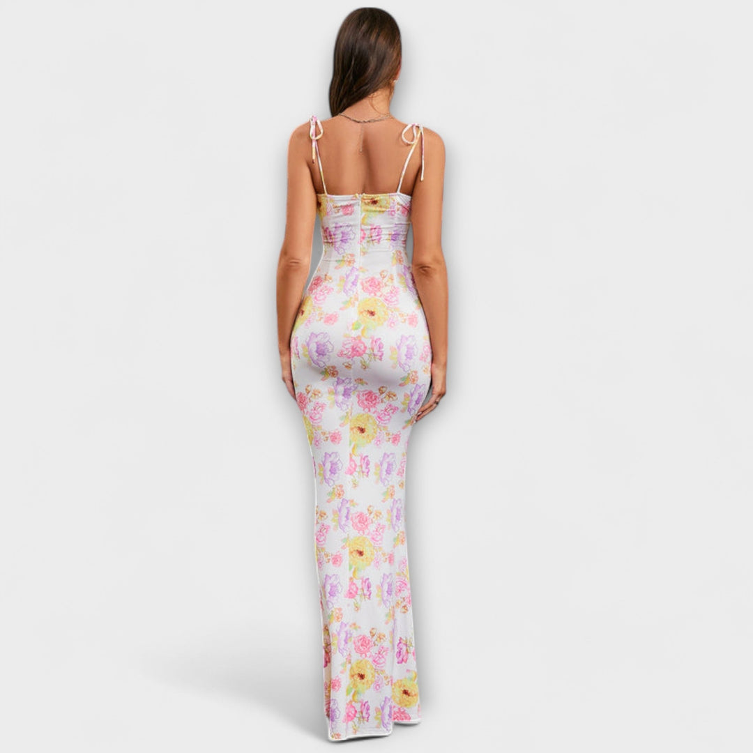 Thalia - Vestido de fiesta con estampado floral y tirantes atados