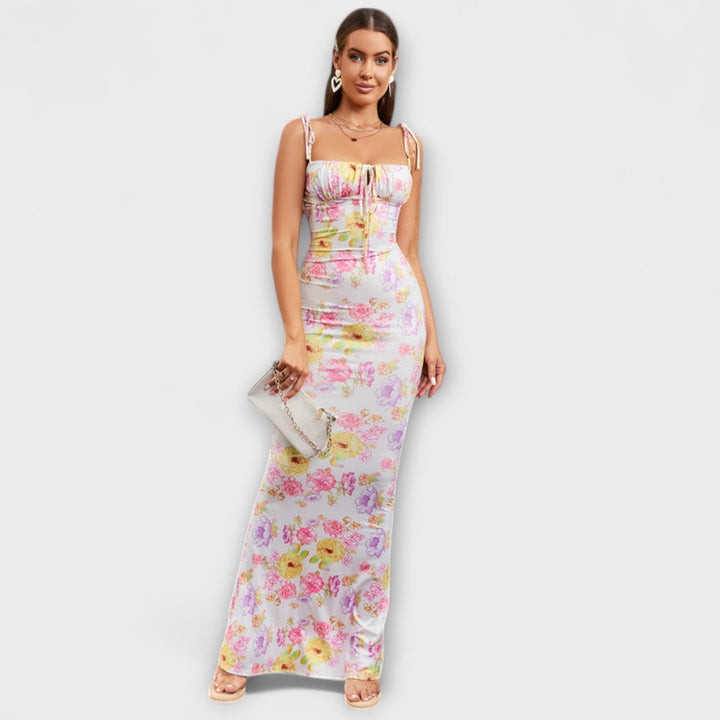 Thalia - Vestido de fiesta con estampado floral y tirantes atados
