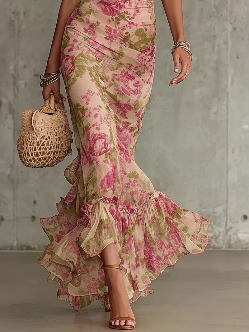 Fiora | Vestido Maxi de Manga Abullonada Rosa Vintage