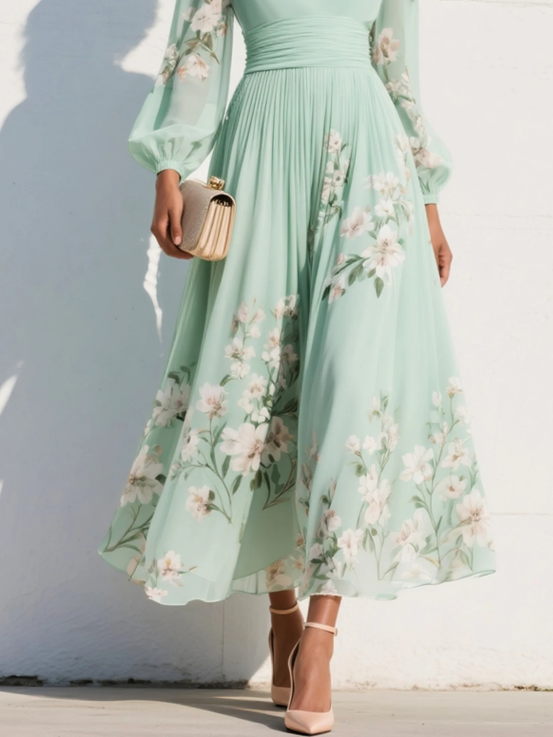 Vestido midi floral plisado de gasa con escote en V verde claro