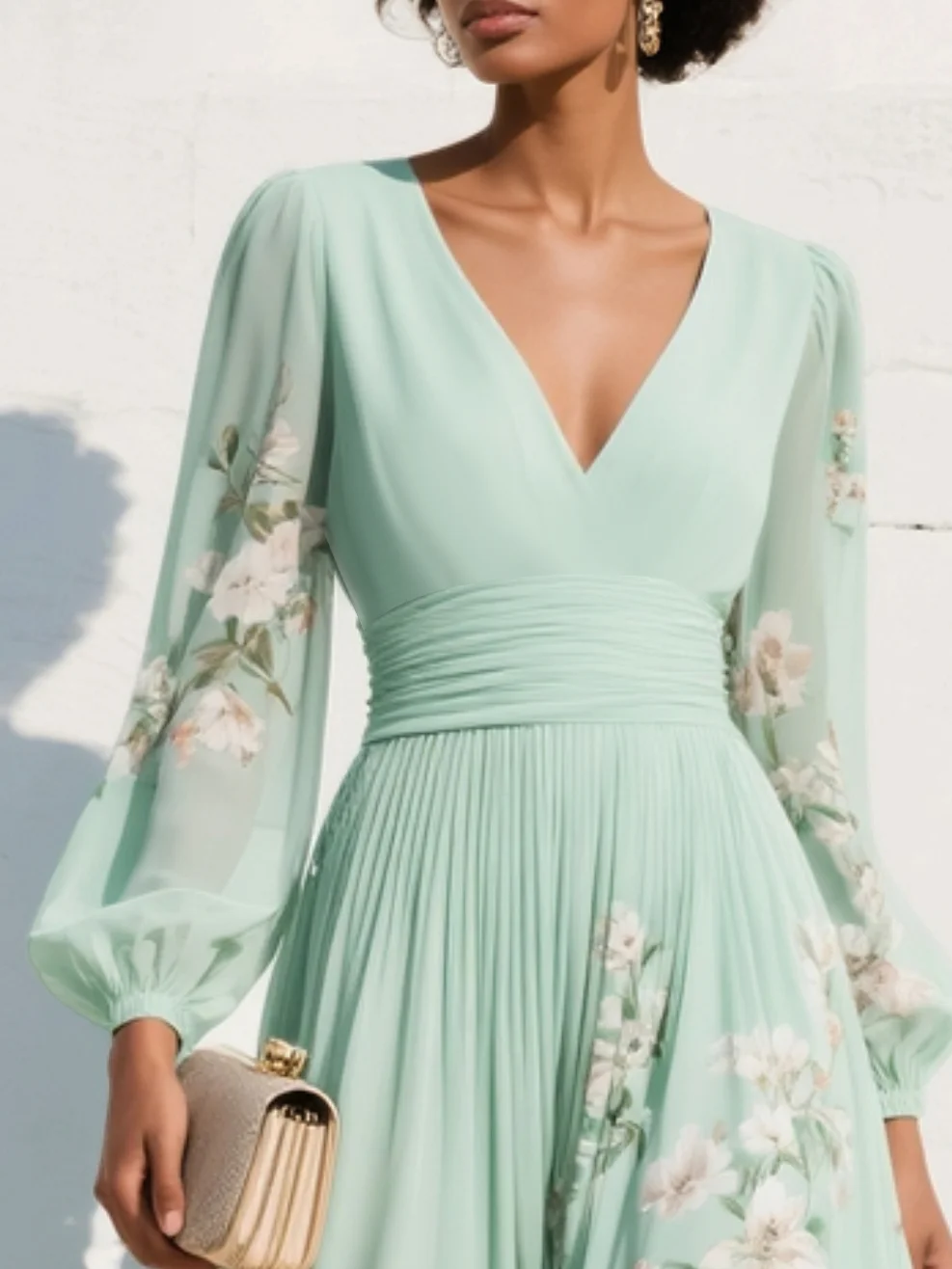 Vestido midi floral plisado de gasa con escote en V verde claro