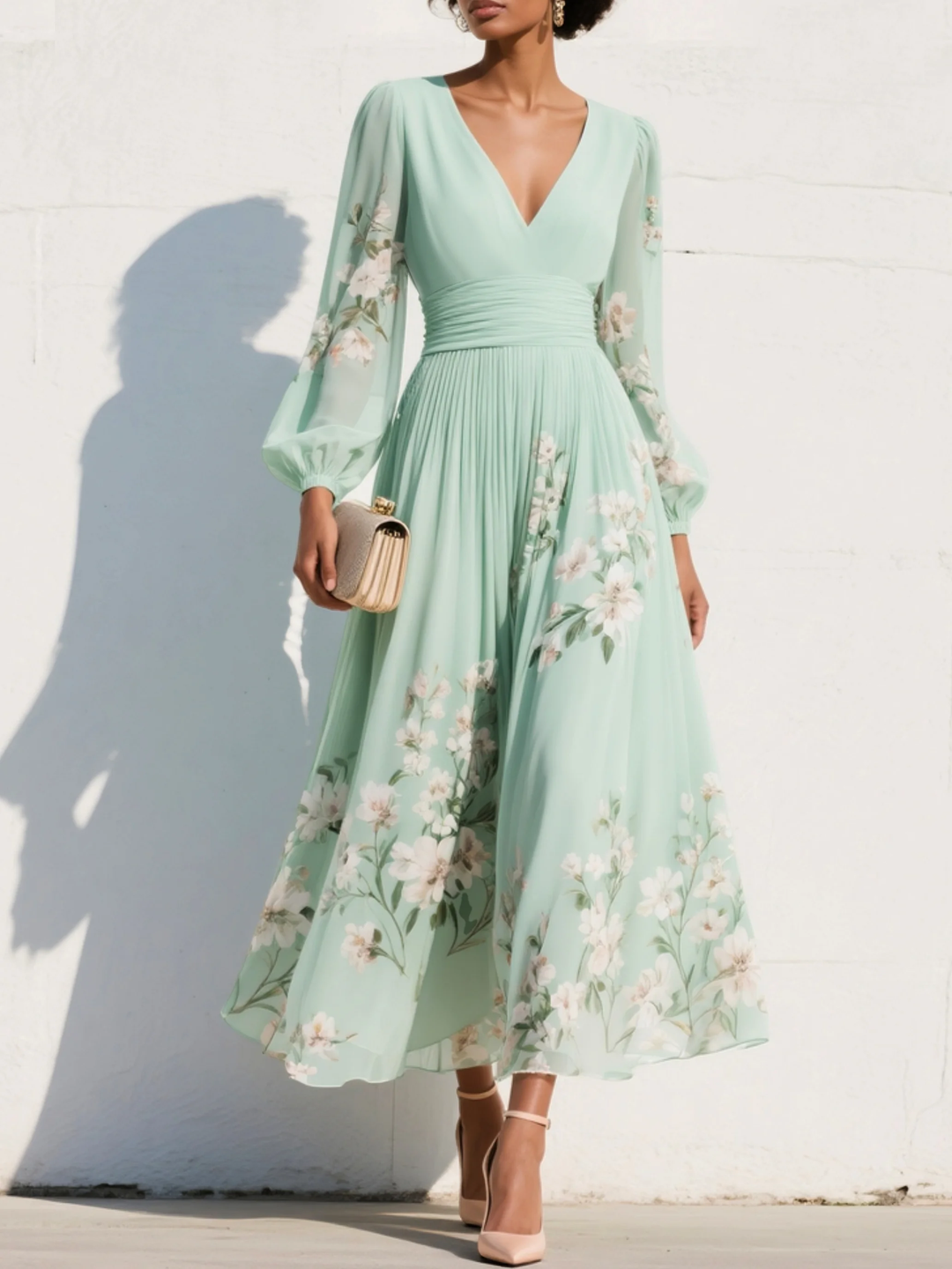 Vestido midi floral plisado de gasa con escote en V verde claro