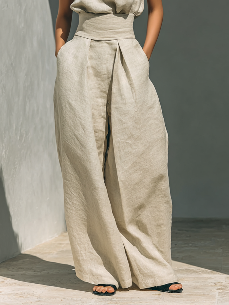 Aurora | Conjunto de Pierna Ancha Beige Relajado Sin Mangas