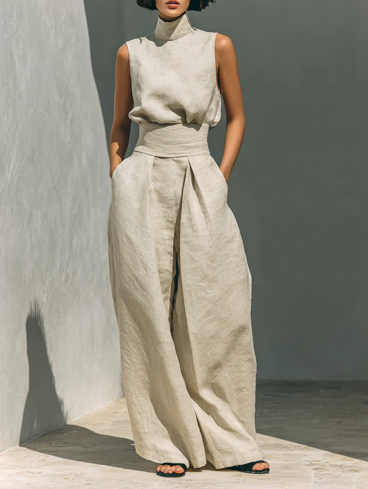 Aurora | Conjunto de Pierna Ancha Beige Relajado Sin Mangas
