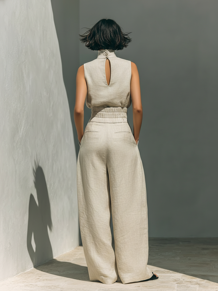 Aurora | Conjunto de Pierna Ancha Beige Relajado Sin Mangas