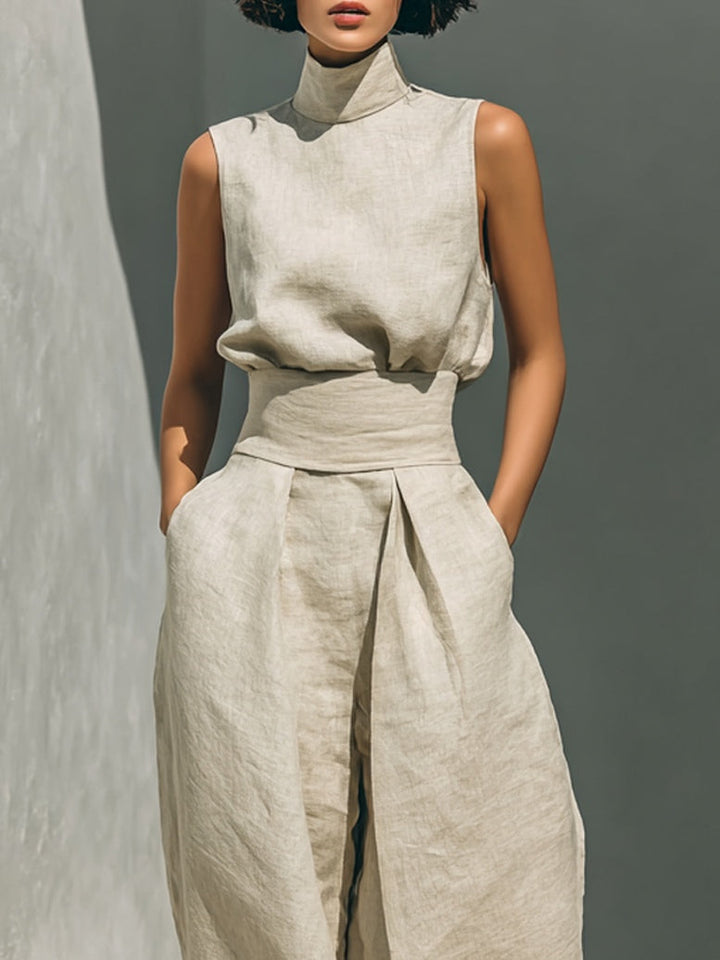 Aurora | Conjunto de Pierna Ancha Beige Relajado Sin Mangas