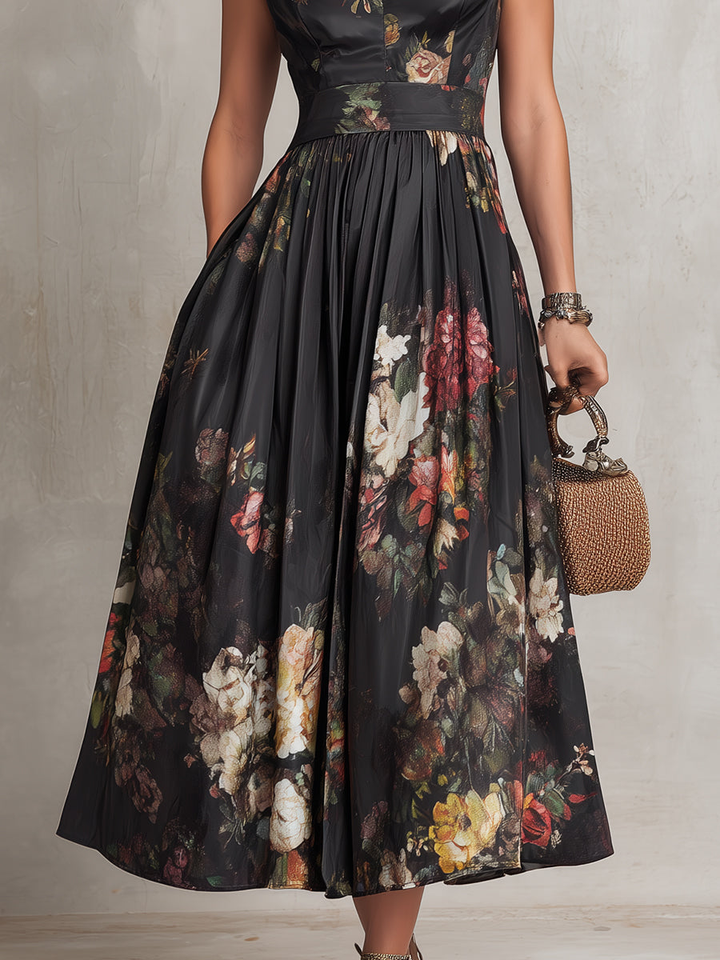 Violetta | Vestido Midi Negro de Satén Plisado con Flores y Escote en Llave