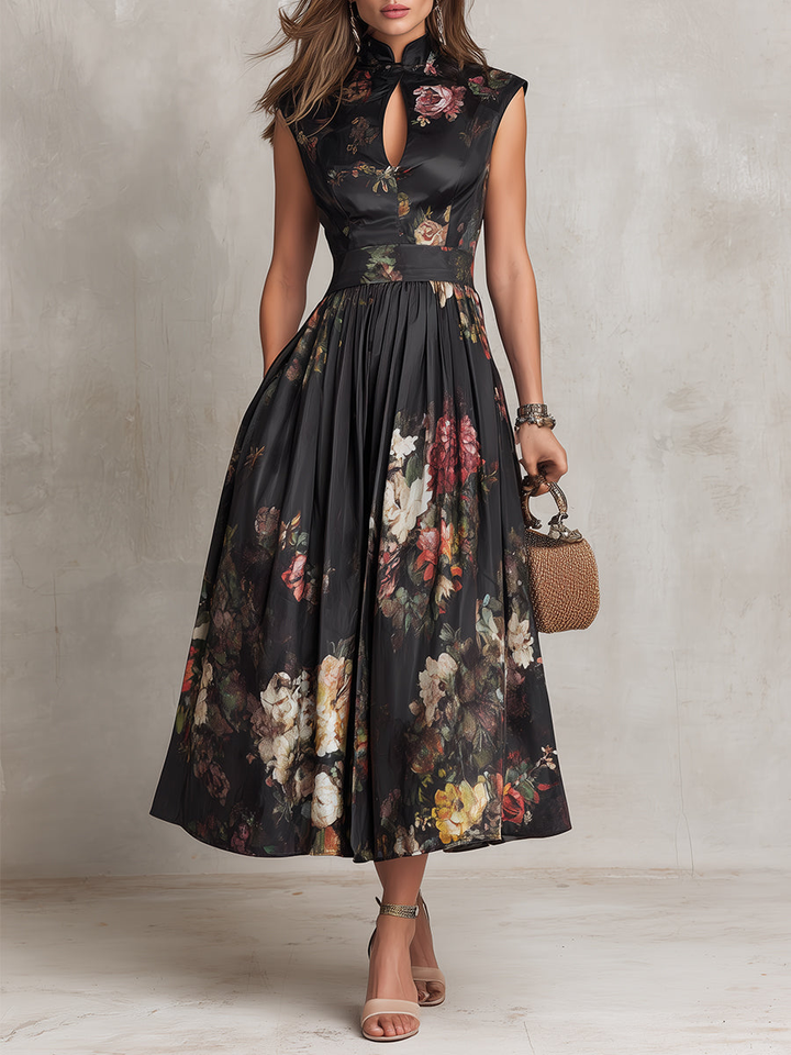 Violetta | Vestido Midi Negro de Satén Plisado con Flores y Escote en Llave