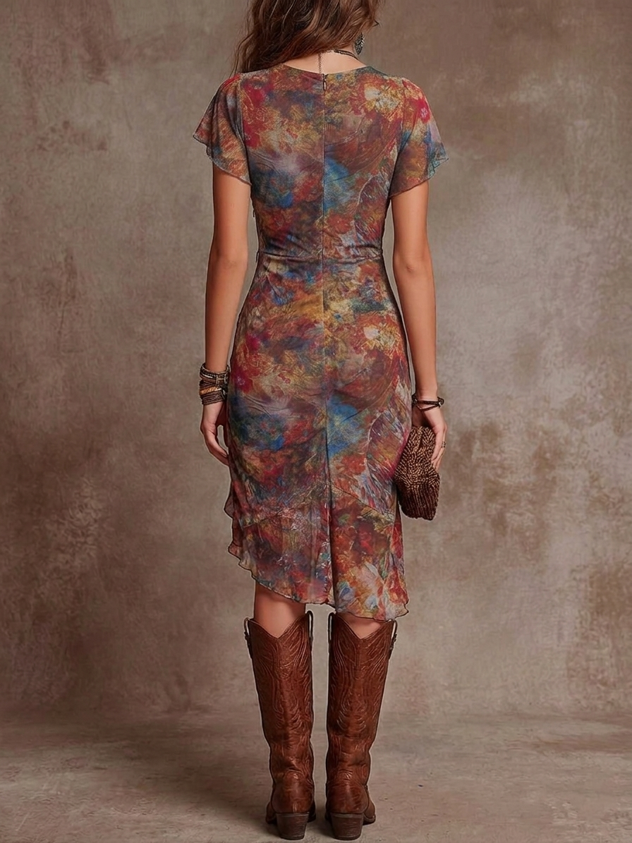 Martina | Vestido Midi Plisado con Escote en V, Estampado Abstracto Bohemio