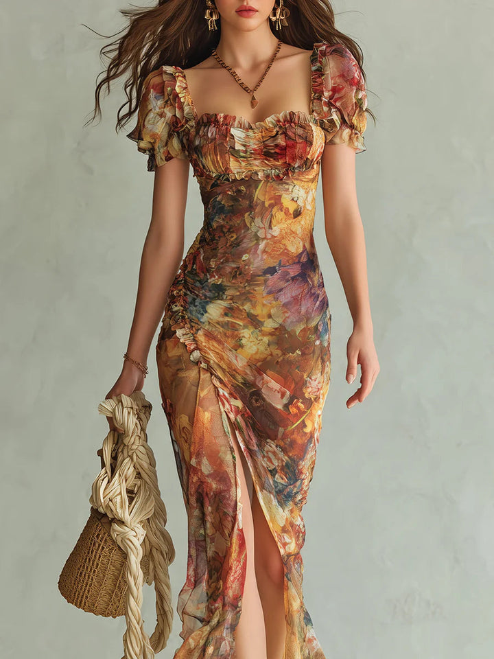 Viola | Vestido largo de chiffon naranja con estampado bohemio