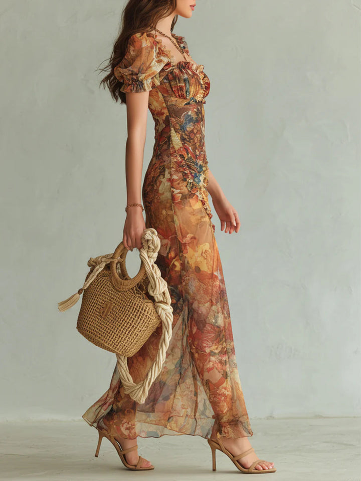 Viola | Vestido largo de chiffon naranja con estampado bohemio