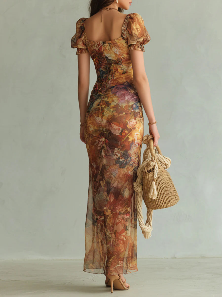 Viola | Vestido largo de chiffon naranja con estampado bohemio