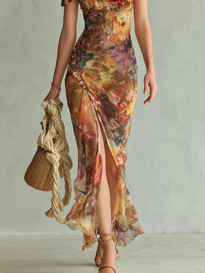 Viola | Vestido largo de chiffon naranja con estampado bohemio