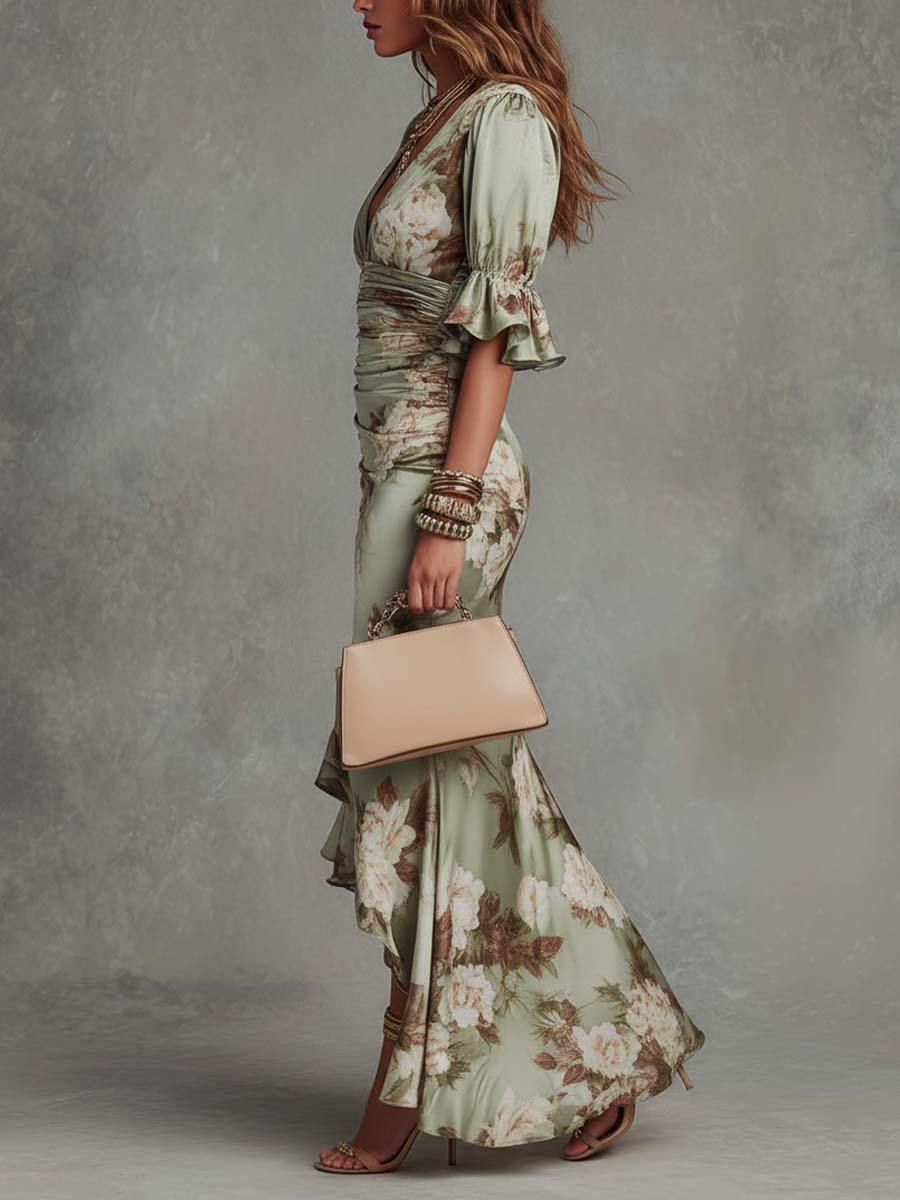 Anna | Vestido largo asimétrico de satén verde con escote en V, mangas abullonadas y estampado floral