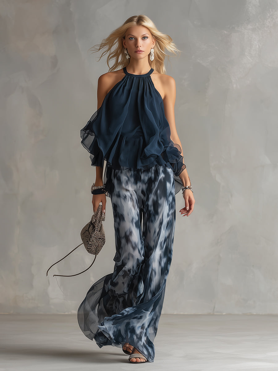 Ludovica | Conjunto de Top Halter Navy y Pantalones Anchos Impresos