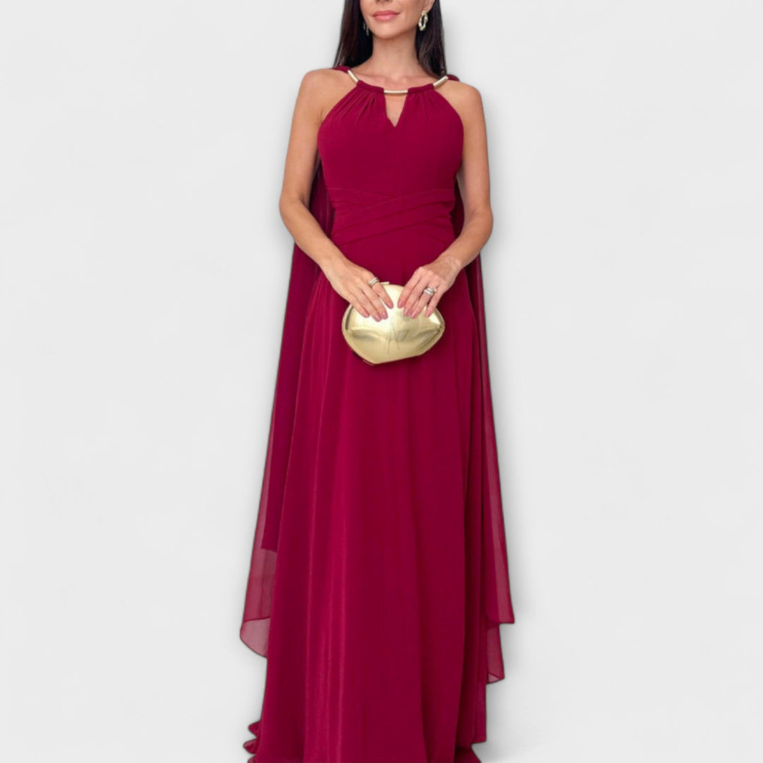 Mabel - Elegantes vestido maxi con capa y alto slit