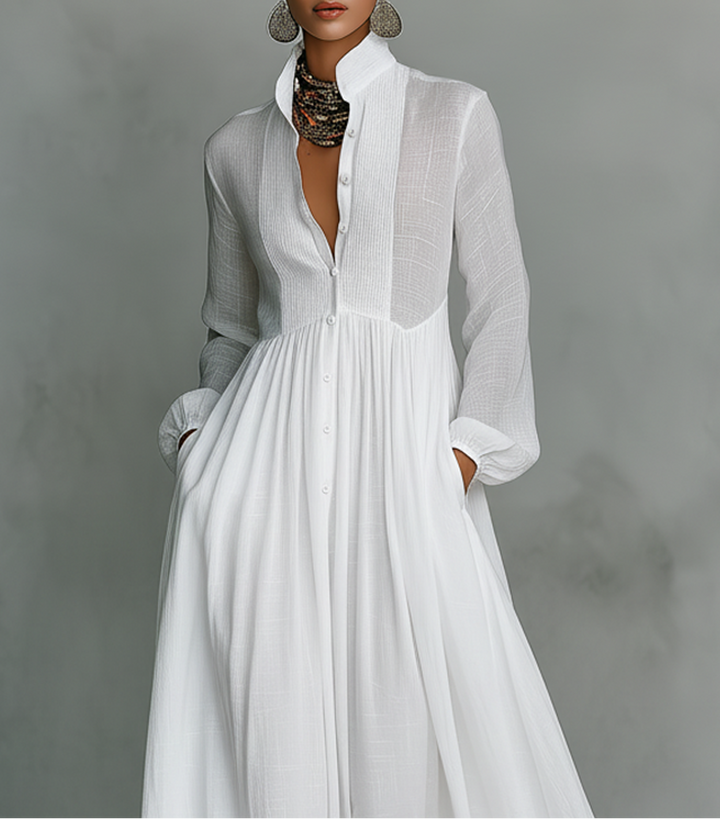 Alba Montiel™ | Vestido minimalista de algodón y lino con patchwork, cuello alto y mangas largas