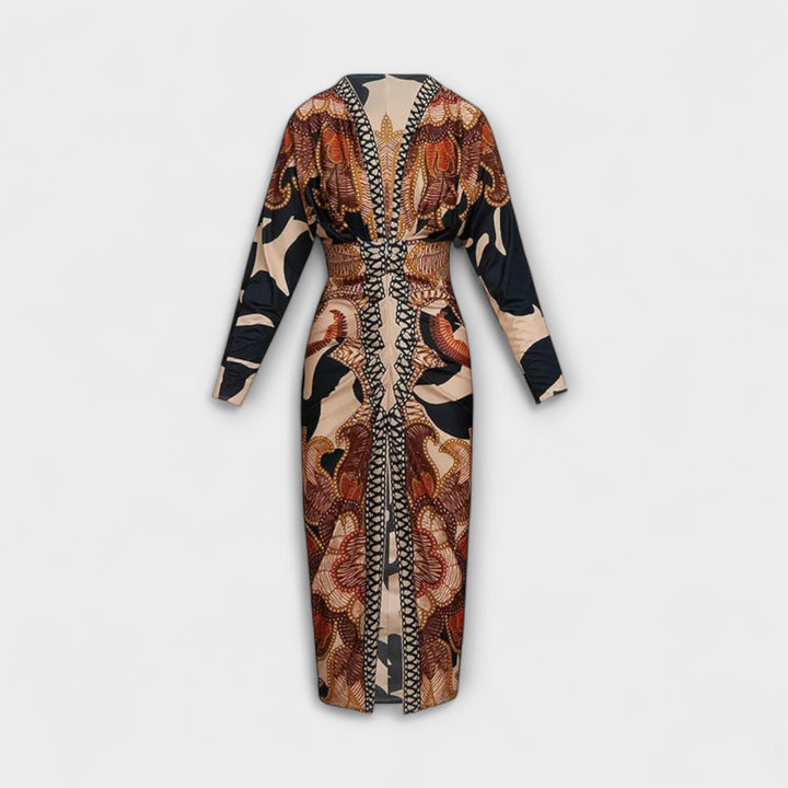Cleo - Vestido midi único con mangas dolman y estampado brasileño
