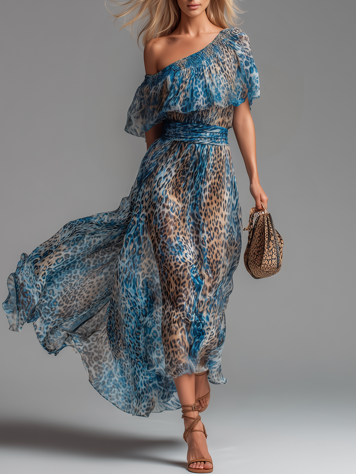 Silvestre - Vestido largo de gasa con estampado de leopardo y hombros descubiertos