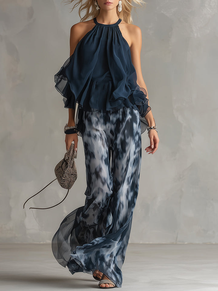 Ludovica | Conjunto de Top Halter Navy y Pantalones Anchos Impresos