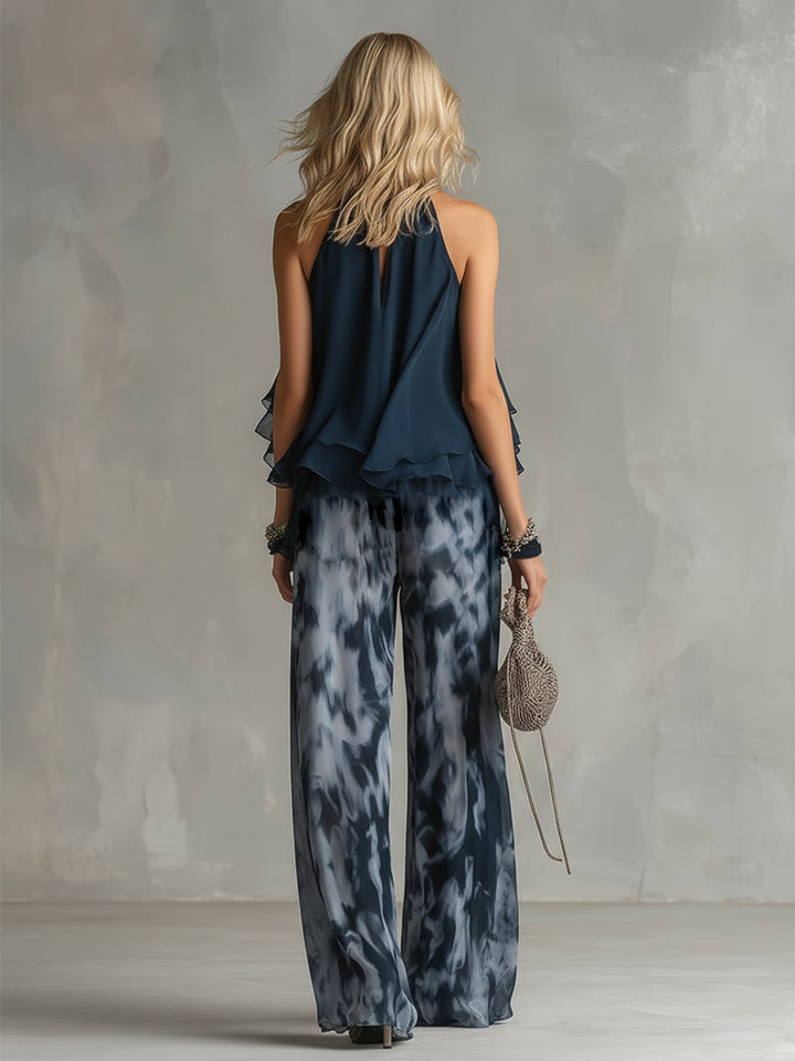 Ludovica | Conjunto de Top Halter Navy y Pantalones Anchos Impresos
