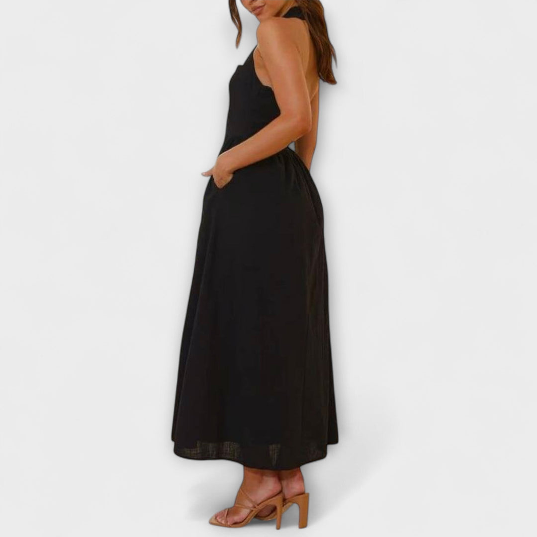Lydia - Vestido negro halter de longitud media con detalle en la cintura