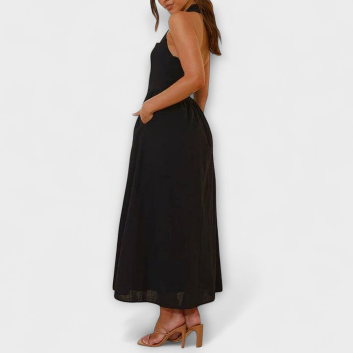Lydia - Vestido negro halter de longitud media con detalle en la cintura