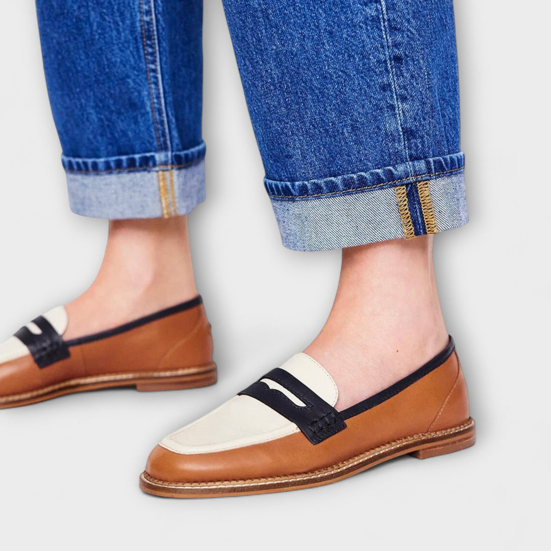 Oceane – Mocasines marrones con punta redonda y diseño de bloques de color