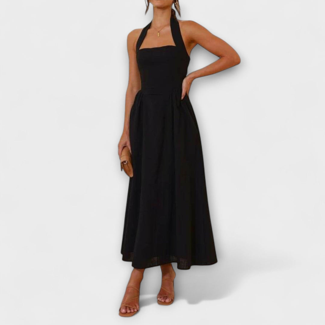 Lydia - Vestido negro halter de longitud media con detalle en la cintura