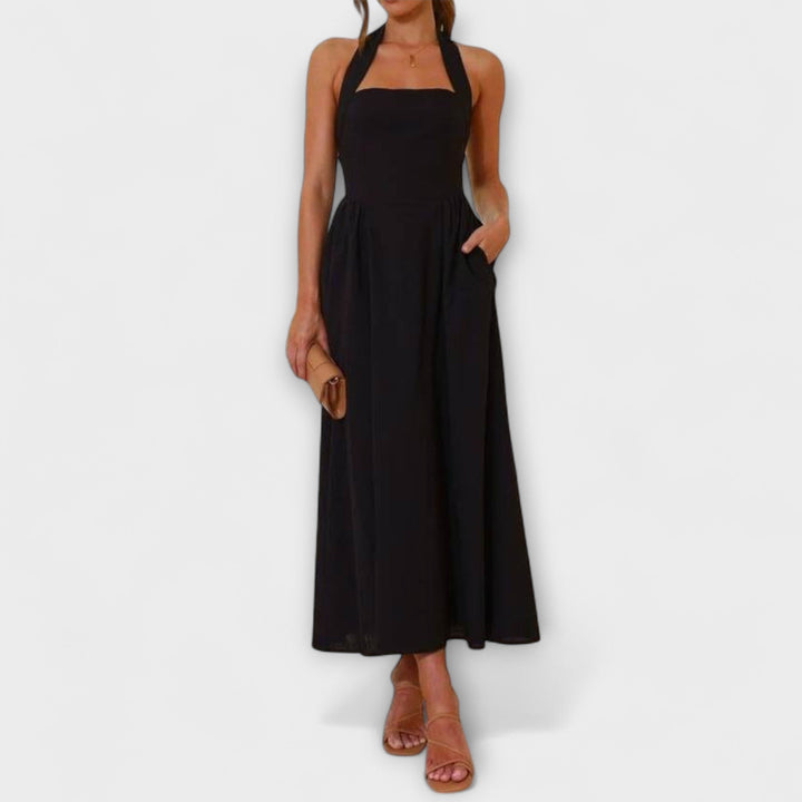 Lydia - Vestido negro halter de longitud media con detalle en la cintura