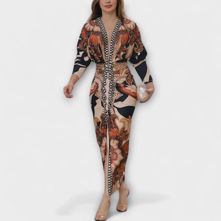Cleo - Vestido midi único con mangas dolman y estampado brasileño