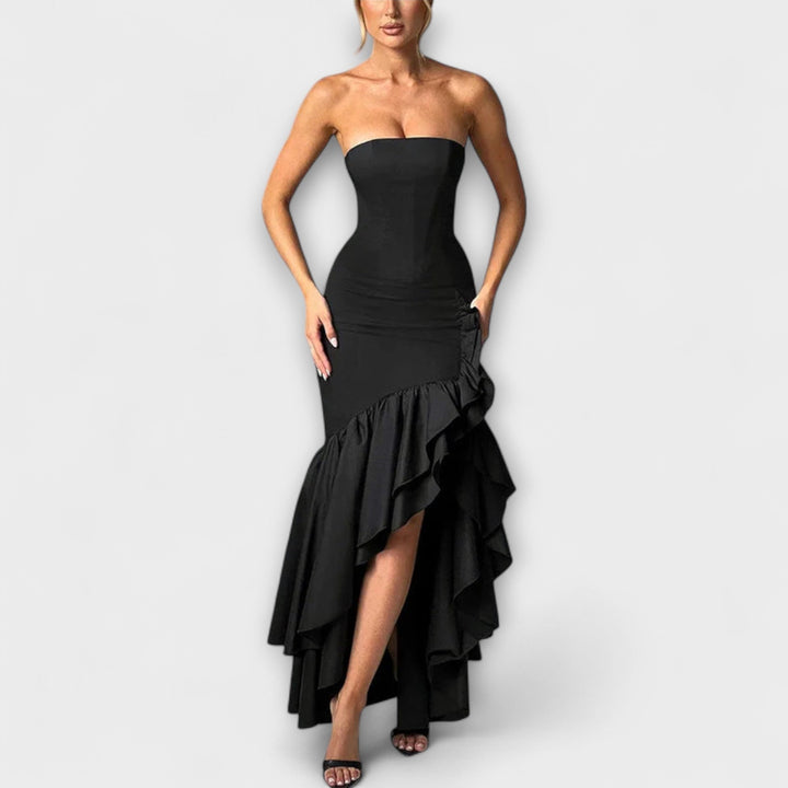 Zuri - Vestido maxi con hombros al descubierto y dobladillo asimétrico