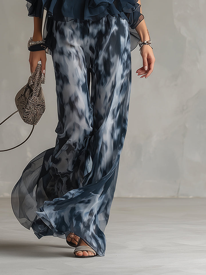 Ludovica | Conjunto de Top Halter Navy y Pantalones Anchos Impresos