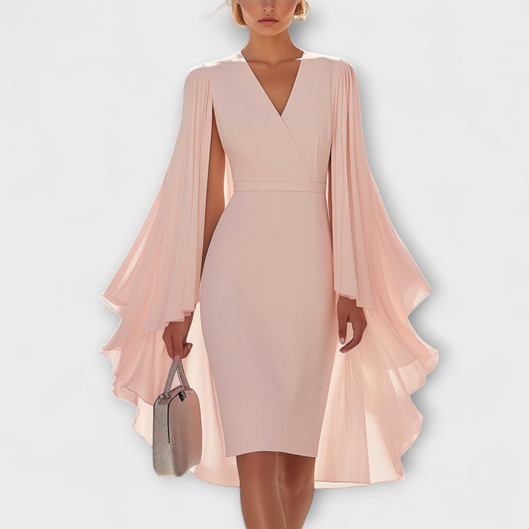 Rachel - Vestido midi rosa con escote en V y mangas de gasa