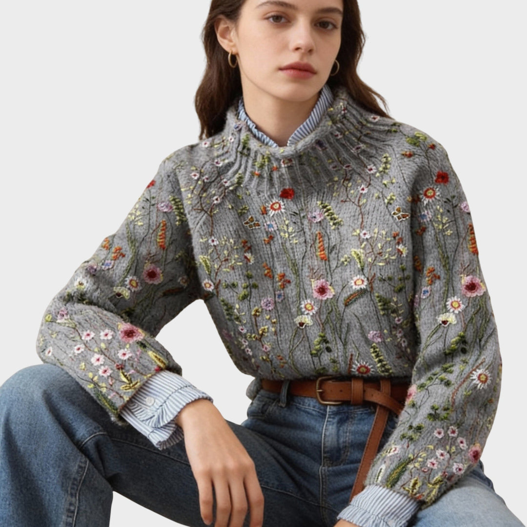 Maurine - Suéter vintage con patrón floral y cuello alto