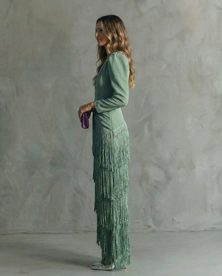 Alessia - Vestido midi elegante con mangas de flecos
